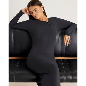 Grey Long Sleeve Twist Front Midi Dress