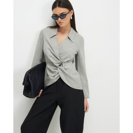 Grey Long Sleeve Twisted Collared Top