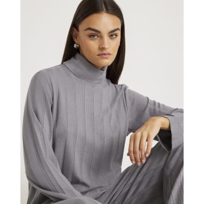 Grey Long Sleeve Wide Ribbed Top