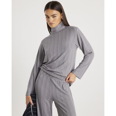 Grey Long Sleeve Wide Ribbed Top