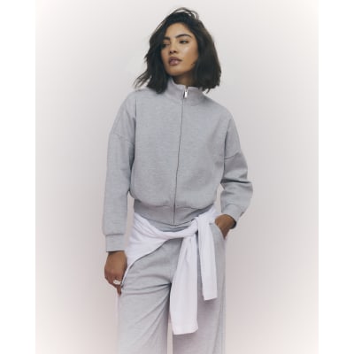 Grey Long Sleeve Zip up Bomber Sweatshirt
