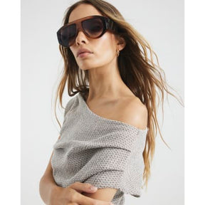 Grey Off Shoulder Draped Textured Top