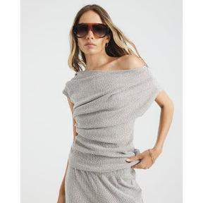 Grey Off Shoulder Draped Textured Top