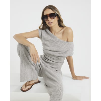 Grey Off Shoulder Draped Textured Top
