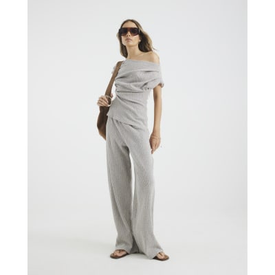 Grey Off Shoulder Draped Textured Top
