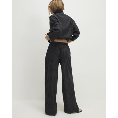 Grey Pinstripe Elastic Wide Leg Trousers