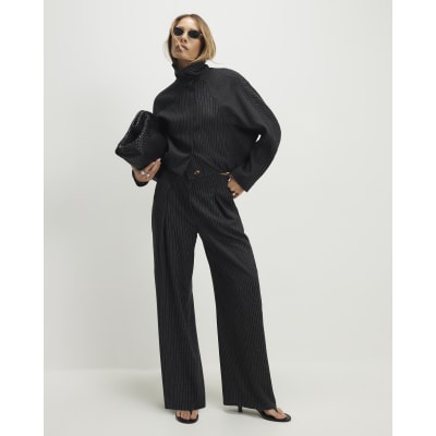 Grey Pinstripe Elastic Wide Leg Trousers