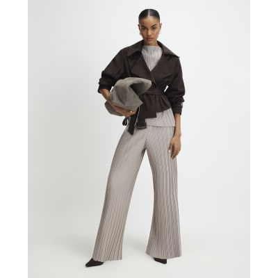 Grey Plisse Wide Leg Trousers
