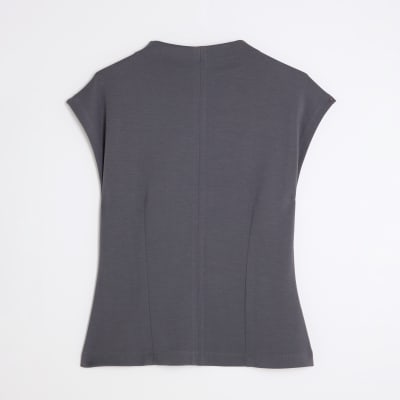 Grey premium High Neck Short Sleeve Top