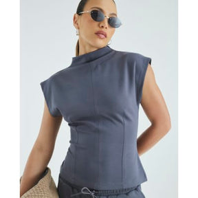 Grey premium High Neck Short Sleeve Top
