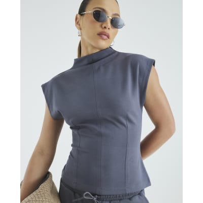 Grey premium High Neck Short Sleeve Top