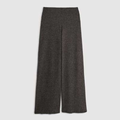 Grey Ribbed Wide Leg Trousers