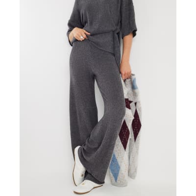 Grey Ribbed Wide Leg Trousers