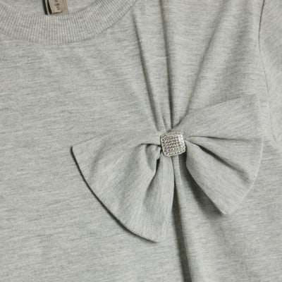 Grey Short Sleeve Bow Diamante T-shirt