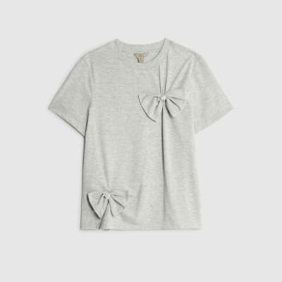 Grey Short Sleeve Bow Diamante T-shirt