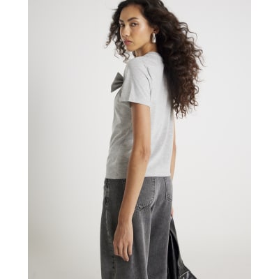 Grey Short Sleeve Bow Diamante T-shirt
