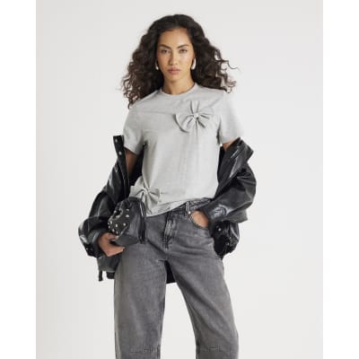 Grey Short Sleeve Bow Diamante T-shirt