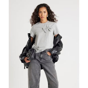 Grey Short Sleeve Bow Diamante T-shirt