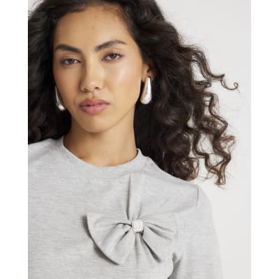 Grey Short Sleeve Bow Diamante T-shirt