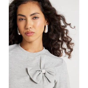 Grey Short Sleeve Bow Diamante T-shirt