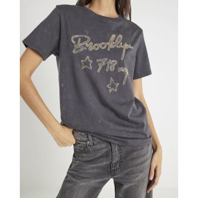 Grey Short Sleeve Brooklyn NYC Beaded T-shirt