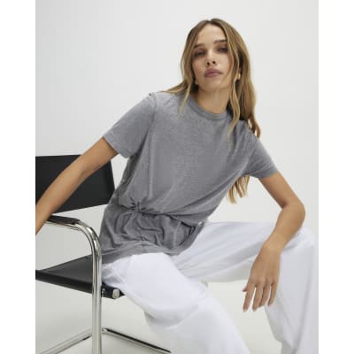 Grey Short Sleeve Burnout Twist Front T-shirt