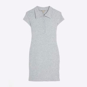Grey Short Sleeve Button Polo Mini Dress