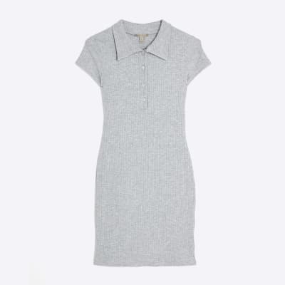 Grey Short Sleeve Button Polo Mini Dress