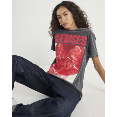 Grey Short Sleeve Cerises Photo Print T-shirt