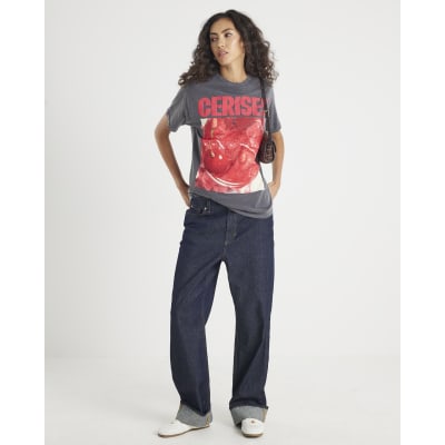 Grey Short Sleeve Cerises Photo Print T-shirt