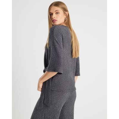 Grey Short Sleeve Cosy Ribbed Tie Detail Top