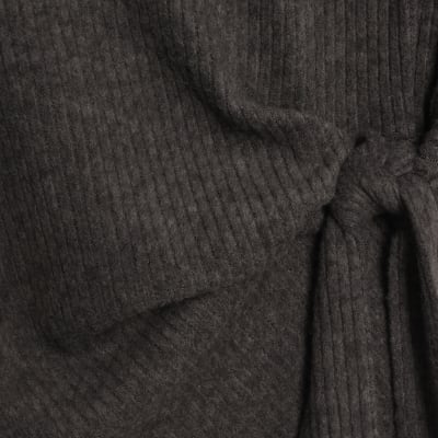 Grey Short Sleeve Cosy Ribbed Tie Detail Top