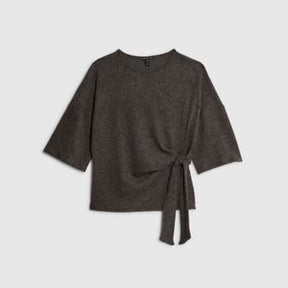 Grey Short Sleeve Cosy Ribbed Tie Detail Top