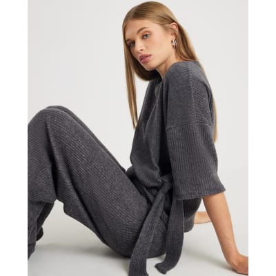 Grey Short Sleeve Cosy Ribbed Tie Detail Top