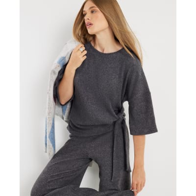 Grey Short Sleeve Cosy Ribbed Tie Detail Top