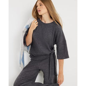 Grey Short Sleeve Cosy Ribbed Tie Detail Top