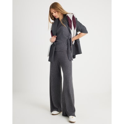 Grey Short Sleeve Cosy Ribbed Tie Detail Top