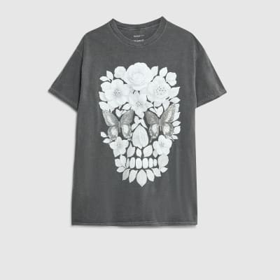 Grey Short Sleeve Diamante Skull T-shirt