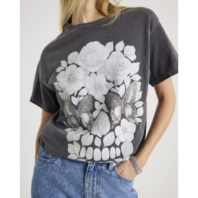 Grey Short Sleeve Diamante Skull T-shirt