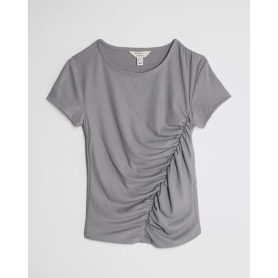 Grey Short Sleeve Gathered Drape Top
