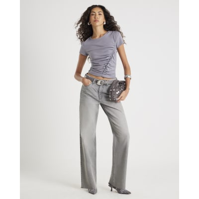 Grey Short Sleeve Gathered Drape Top