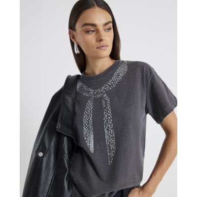 Grey Short Sleeve Glitter Scarf T-shirt