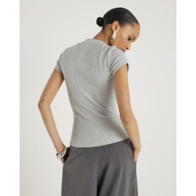 Grey Short Sleeve High V Neck Ribbed Top