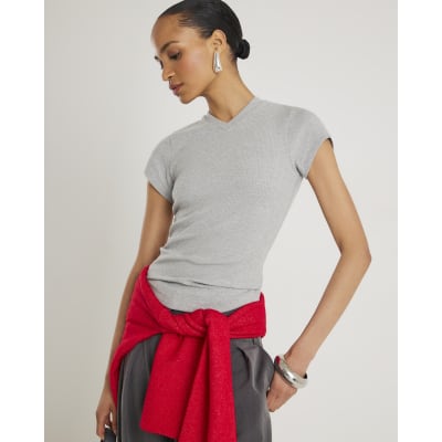 Grey Short Sleeve High V Neck Ribbed Top