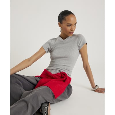 Grey Short Sleeve High V Neck Ribbed Top