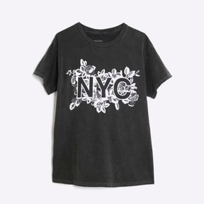 Grey Short Sleeve NYC Lace Print T-shirt