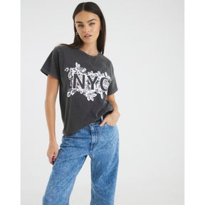 Grey Short Sleeve NYC Lace Print T-shirt
