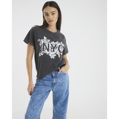 Grey Short Sleeve NYC Lace Print T-shirt