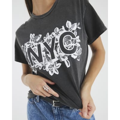 Grey Short Sleeve NYC Lace Print T-shirt
