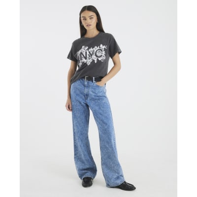 Grey Short Sleeve NYC Lace Print T-shirt